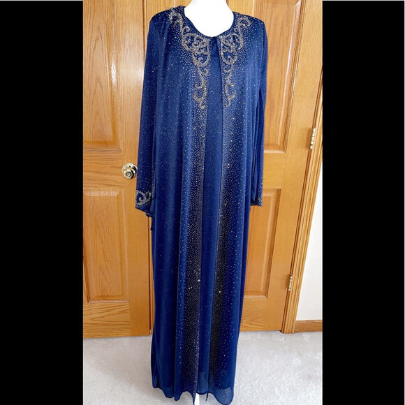 Formal Dress Plus Sizes 16W 18W 22W 24W Long Sleeves Navy Beaded Kaftan Maxi NEW - Picture 2 of 14